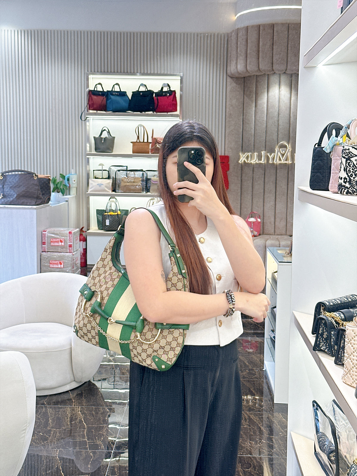 Gucci GG Canvas Green Web Horsebit Chain Large Hobo Bag