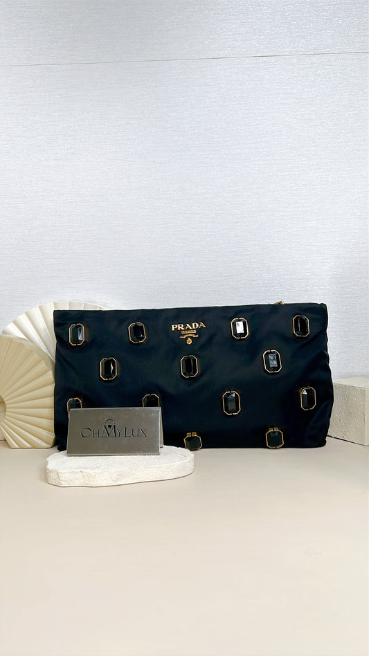 Prada Tessuto Nylon Pietre Jeweled Clutch