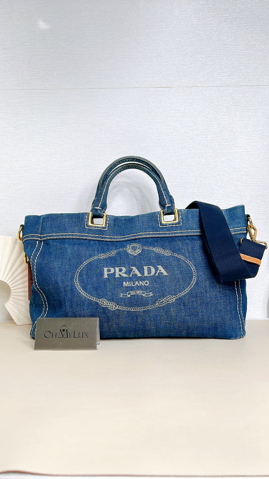 Prada Logo Jacquerd Blue Denim 2 Way Bag