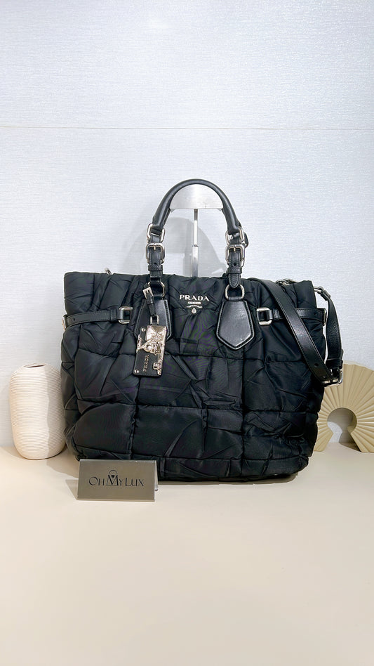 Prada Crispy Nylon Metal Shopping Tote in Black