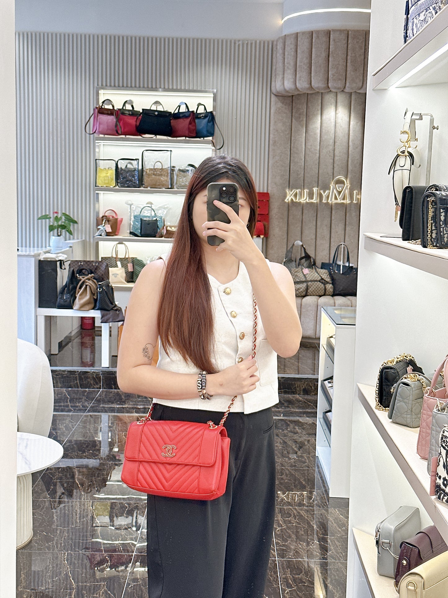 Chanel Red Chevron Leather Flap Handbag