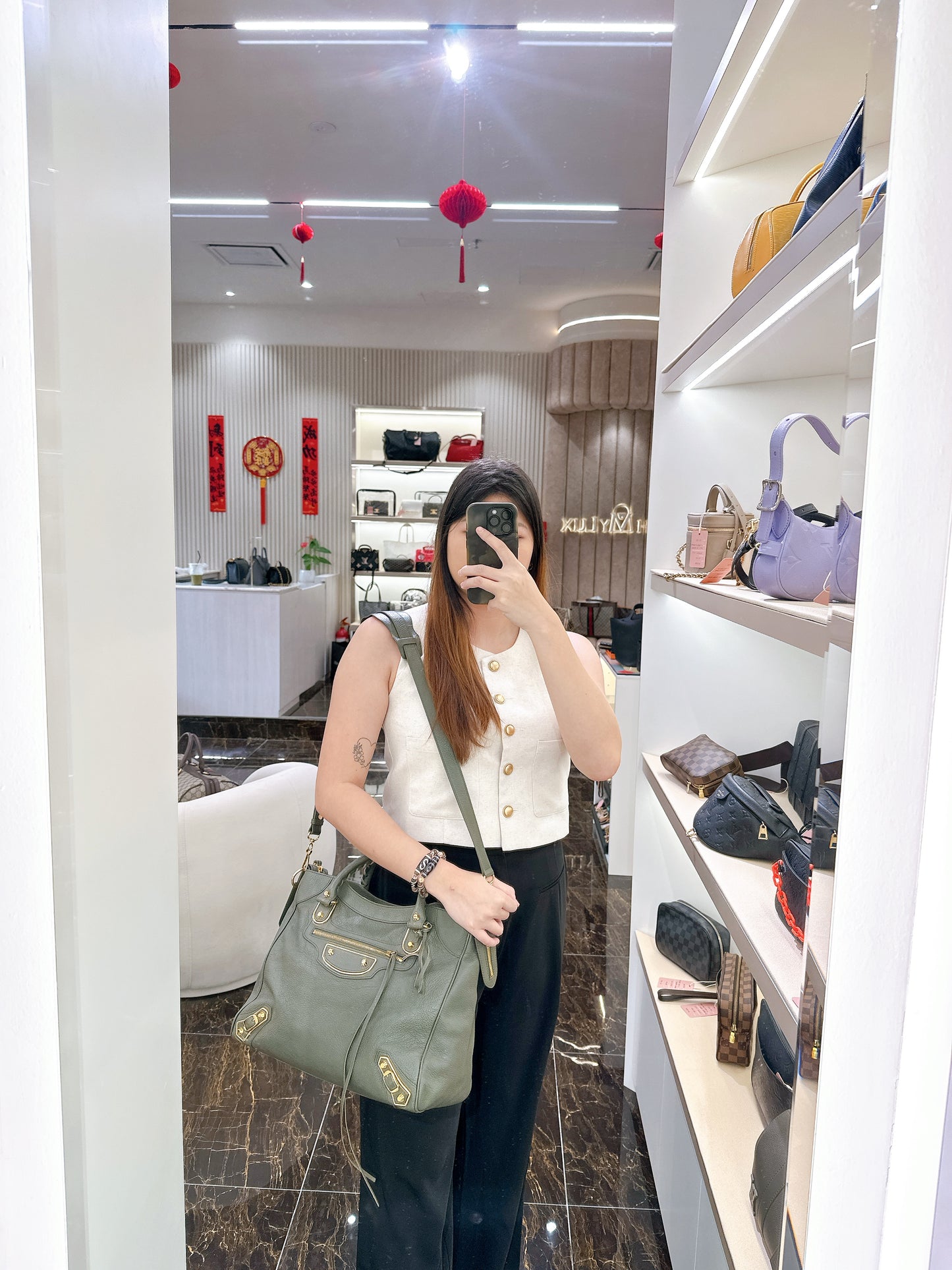 Balenciaga Metallic Edges Velo in Vert Lichen Green Chevre Goatskin