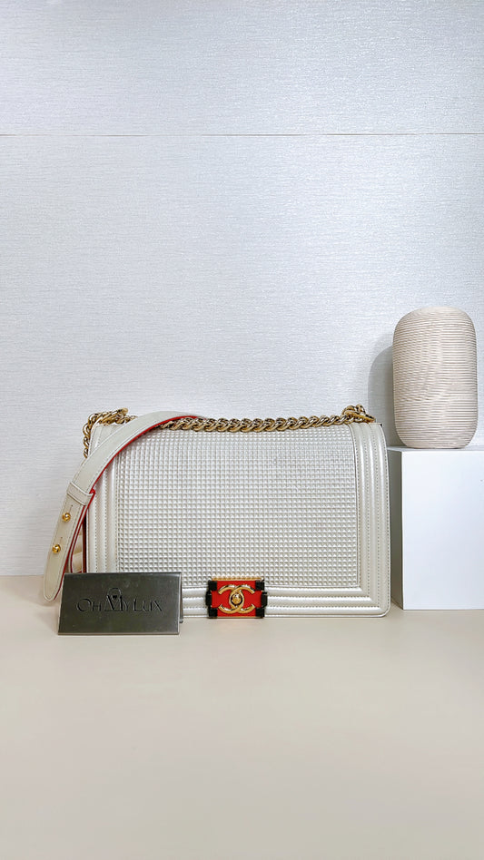 Chanel Metallic White Cube Embossed Leboy