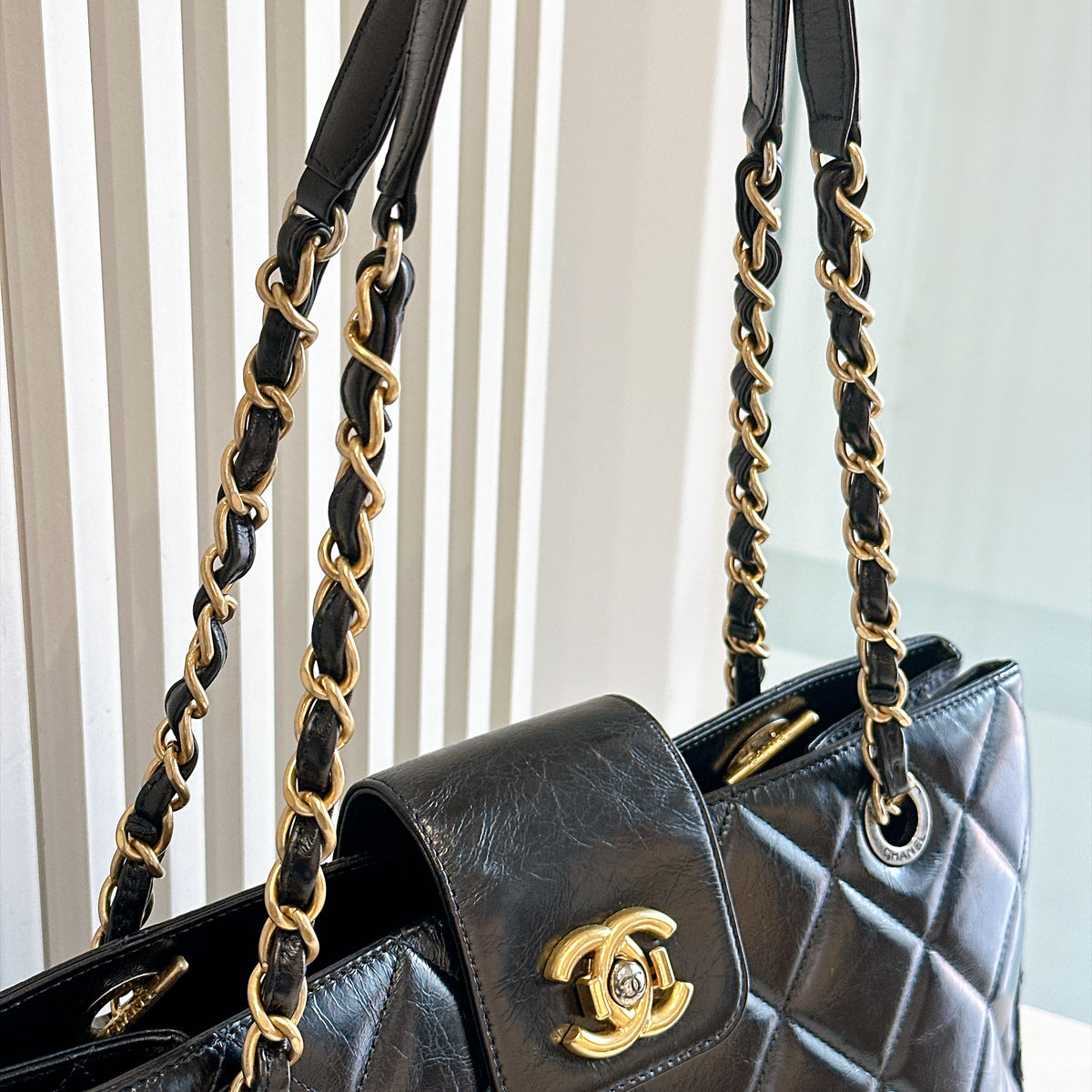 Chanel Coco Turn Lock Chain Tote in Black Aged Calfskin