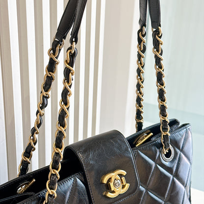 Chanel Coco Turn Lock Chain Tote in Black Aged Calfskin