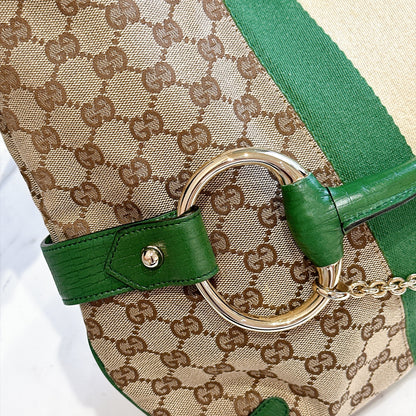 Gucci GG Canvas Green Web Horsebit Chain Large Hobo Bag
