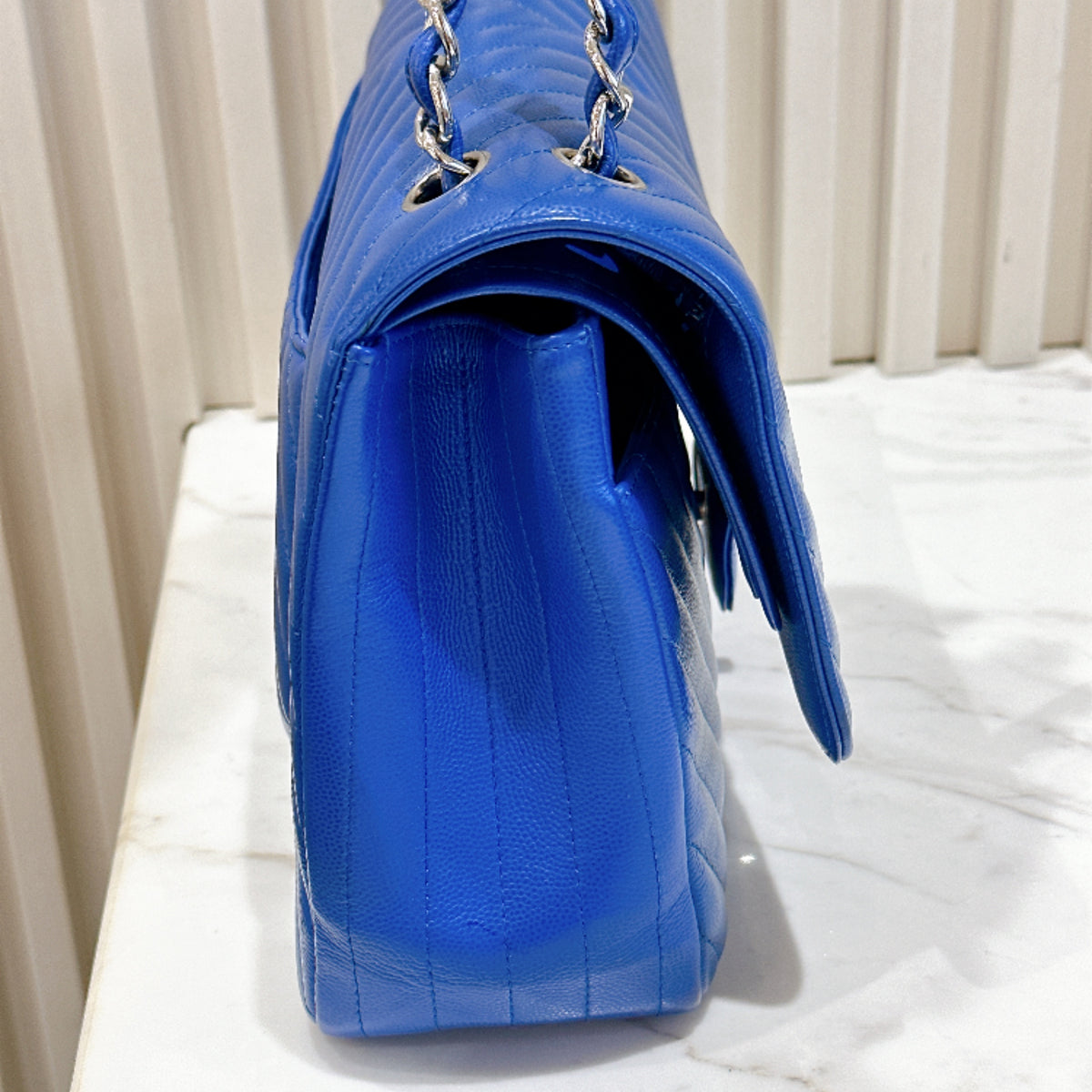 Chanel Jumbo In Blue Chevron Caviar SHW