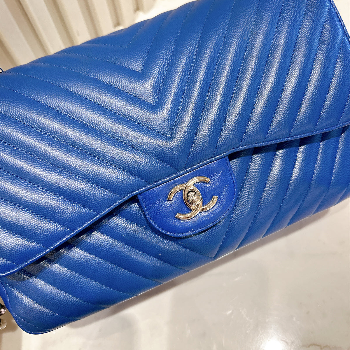 Chanel Jumbo In Blue Chevron Caviar SHW