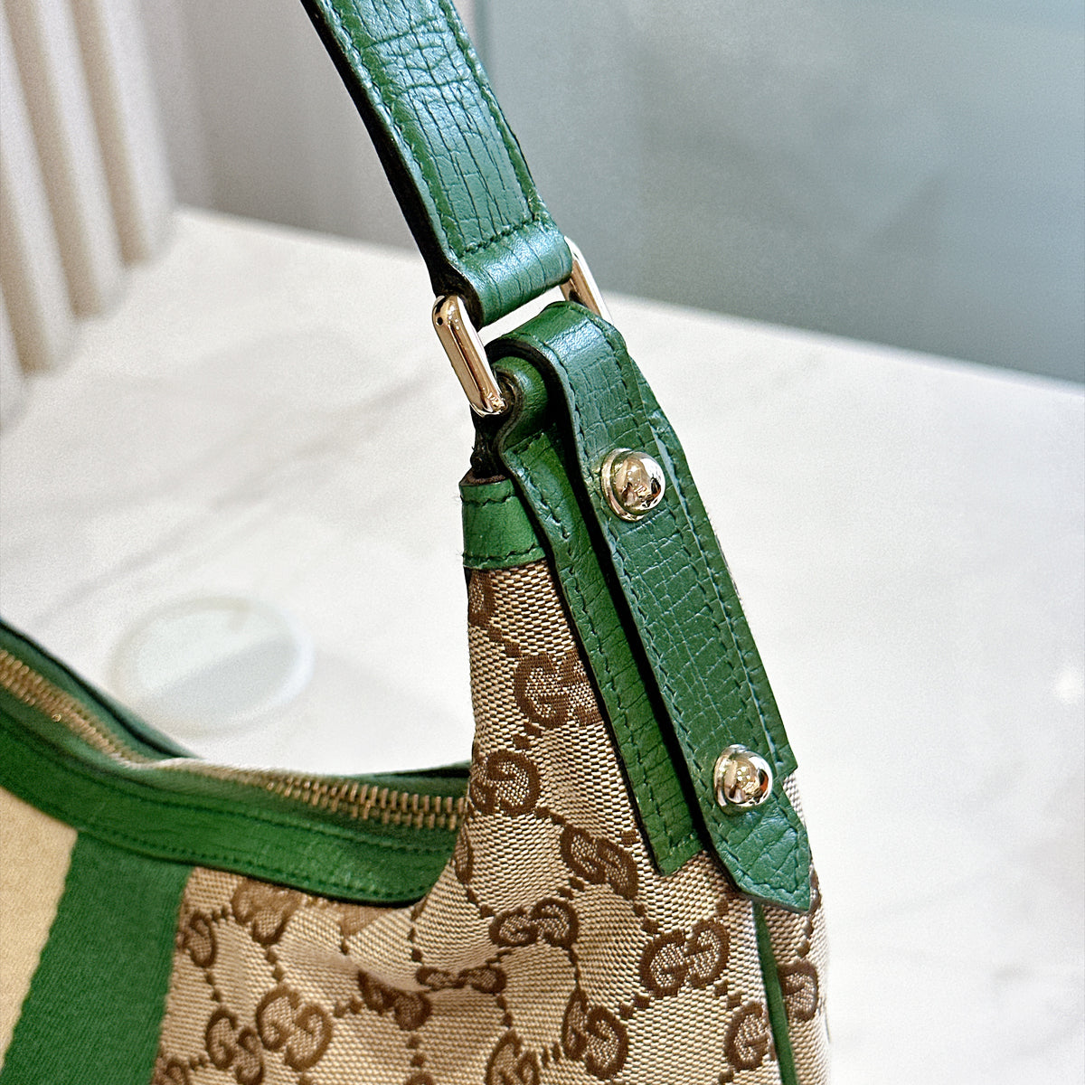 Gucci GG Canvas Green Web Horsebit Chain Large Hobo Bag