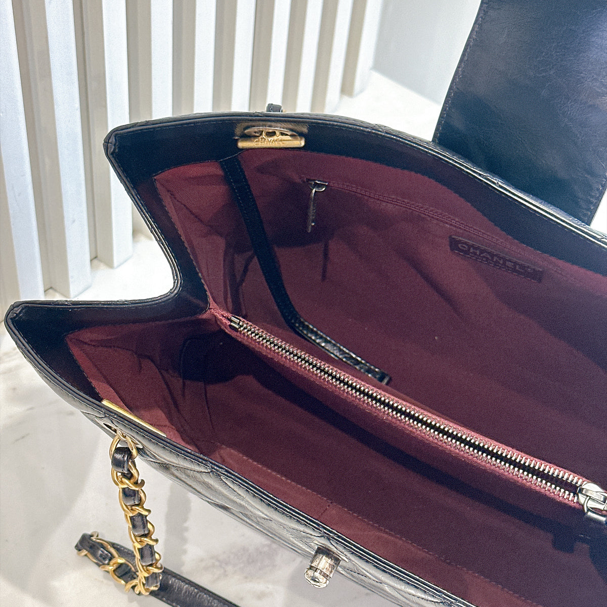 Chanel Coco Turn Lock Chain Tote in Black Aged Calfskin