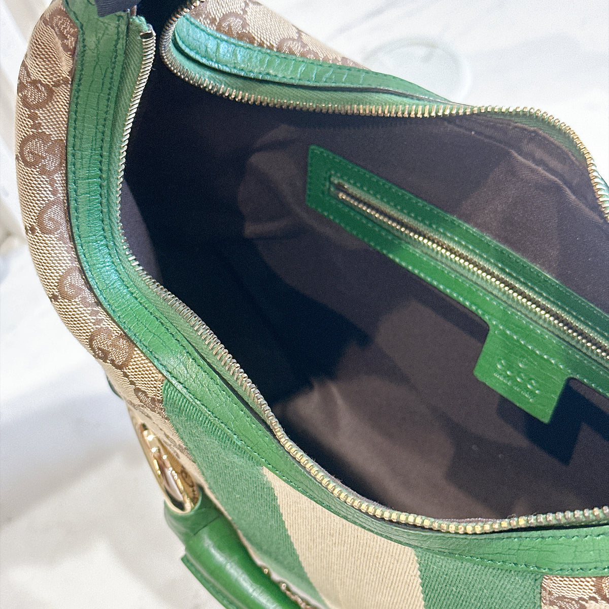 Gucci GG Canvas Green Web Horsebit Chain Large Hobo Bag