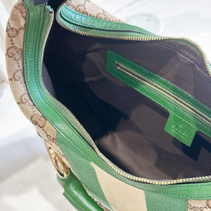 Gucci GG Canvas Green Web Horsebit Chain Large Hobo Bag