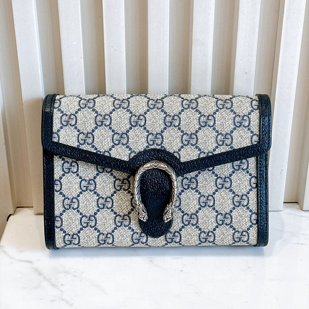 Gucci Dionysus GG Supreme Wallet On Chain in Navy Blue