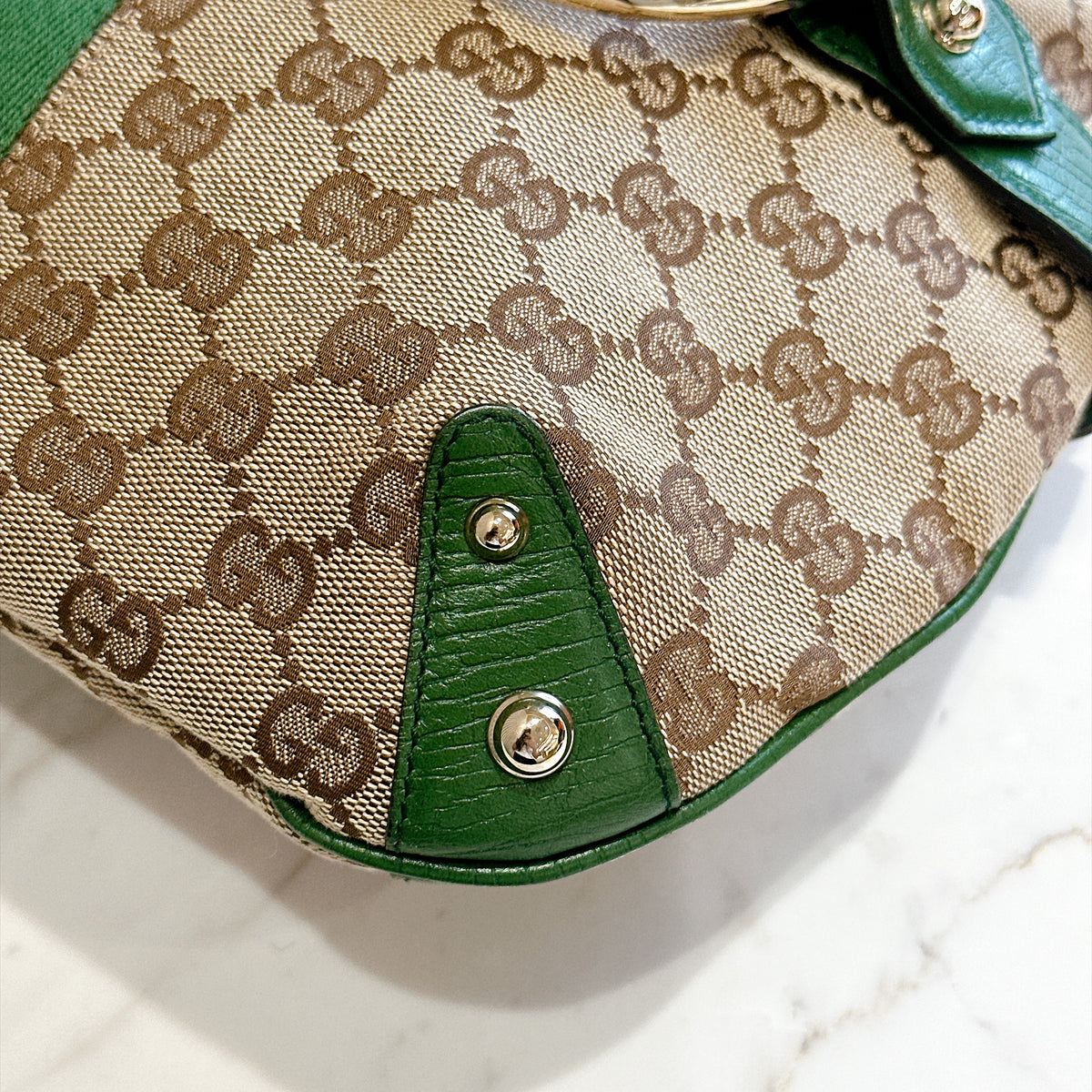 Gucci GG Canvas Green Web Horsebit Chain Large Hobo Bag