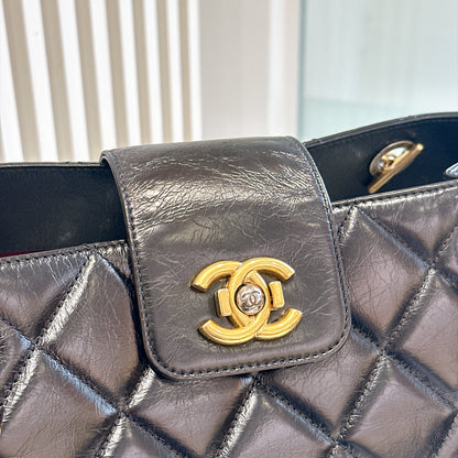Chanel Coco Turn Lock Chain Tote in Black Aged Calfskin