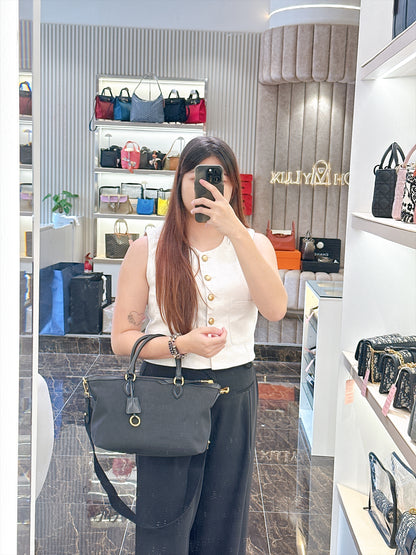 Prada Logo Jacquard Black Canvas Satchel Tote