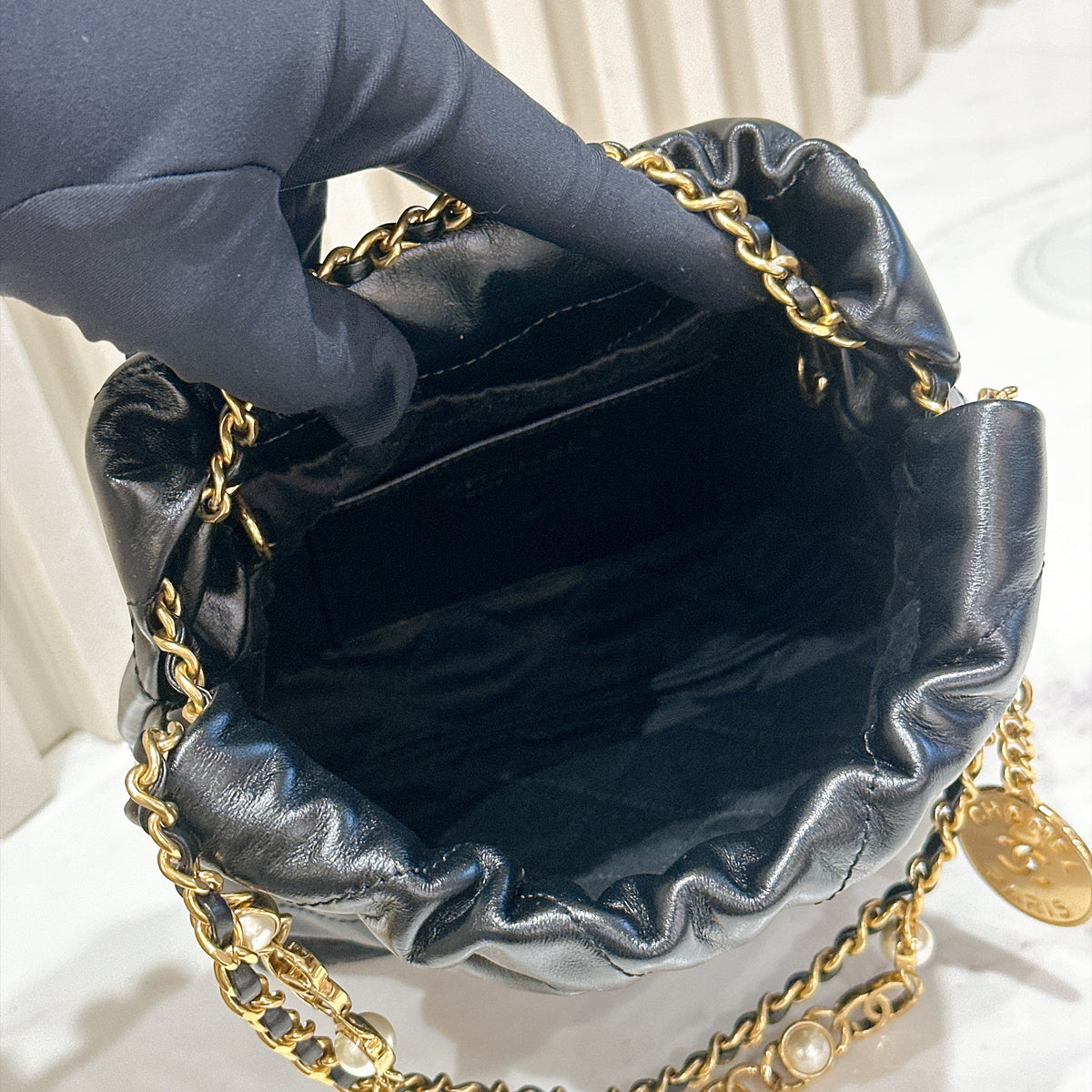 Chanel 22 Mini with Pearl Chain Black GHW