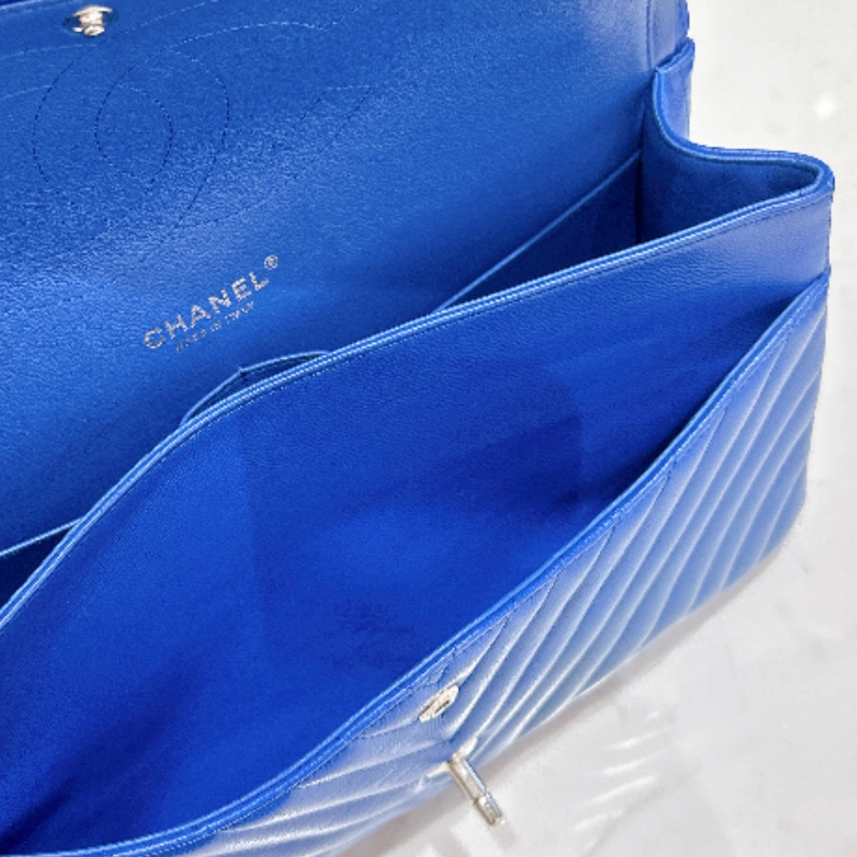 Chanel Jumbo In Blue Chevron Caviar SHW