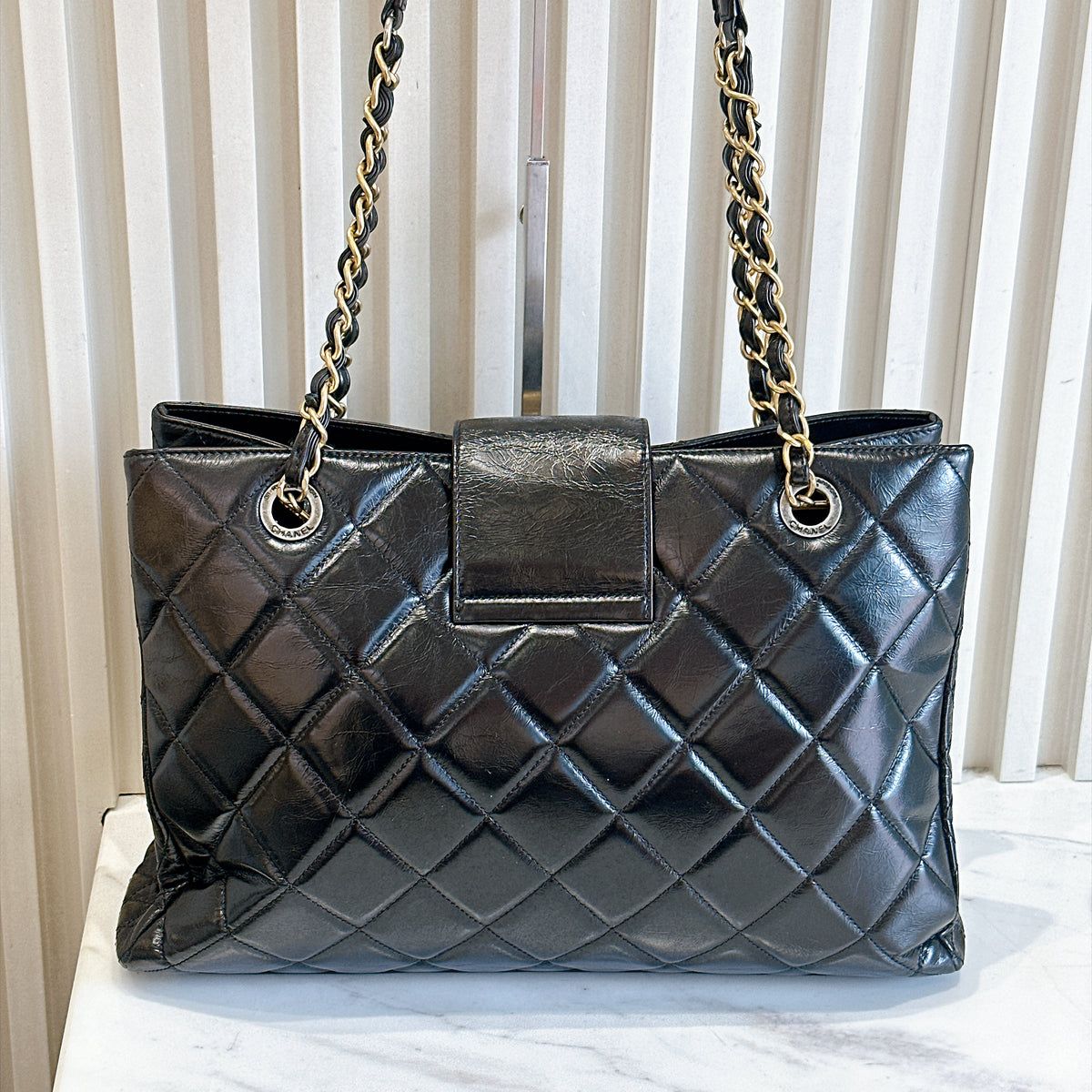 Chanel Coco Turn Lock Chain Tote in Black Aged Calfskin