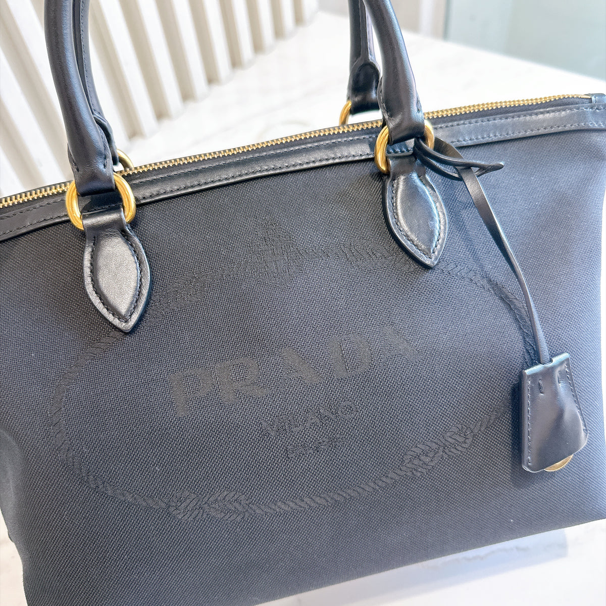 Prada Logo Jacquard Black Canvas Satchel Tote