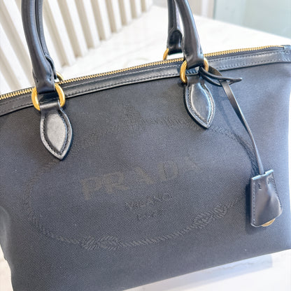 Prada Logo Jacquard Black Canvas Satchel Tote