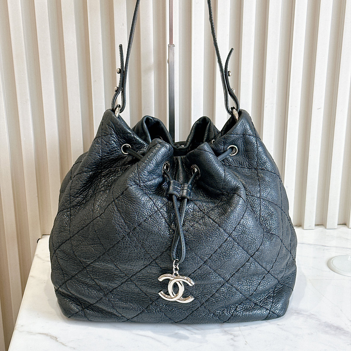 Chanel Glazed Calfskin On The Road Drawstring Bucket Bag