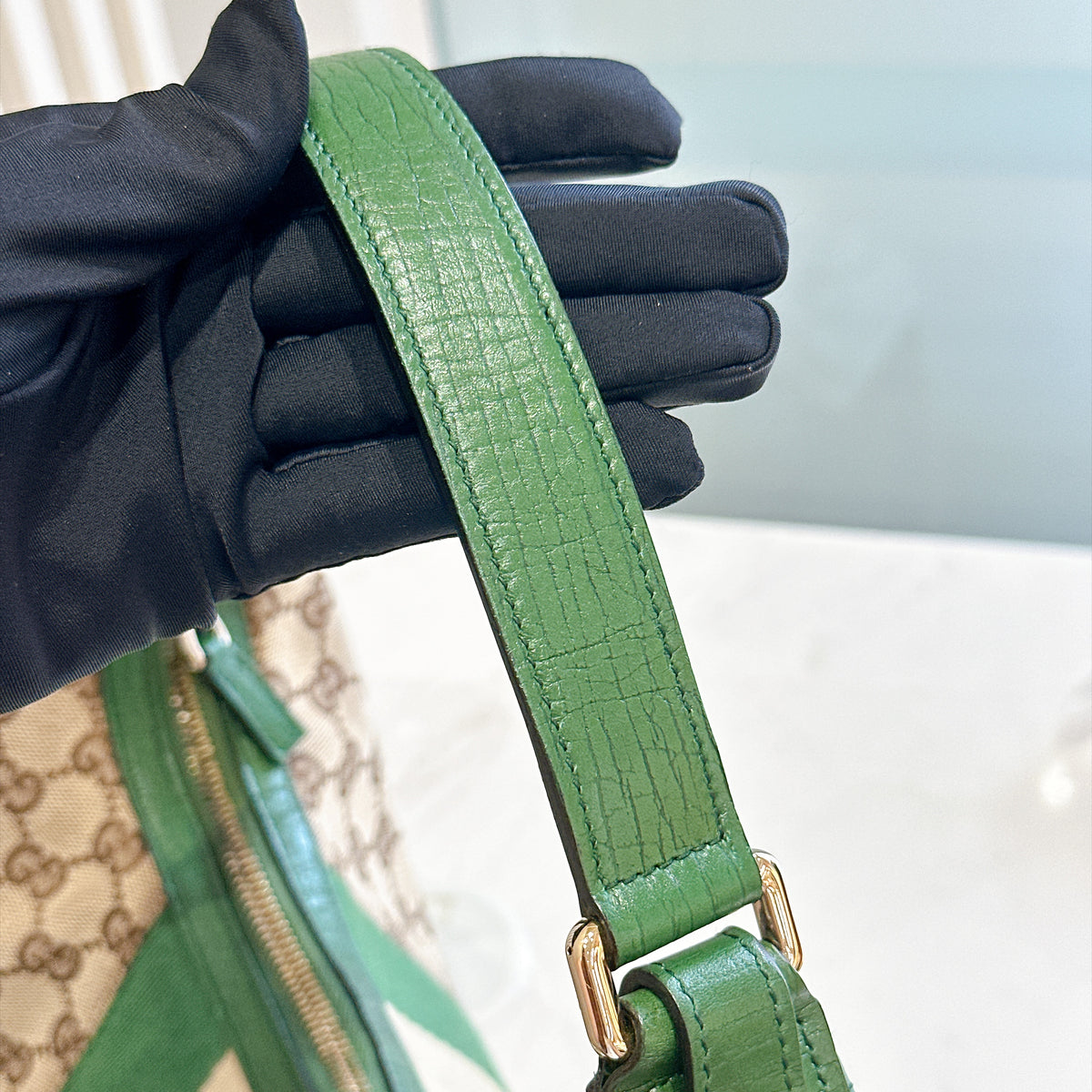 Gucci GG Canvas Green Web Horsebit Chain Large Hobo Bag