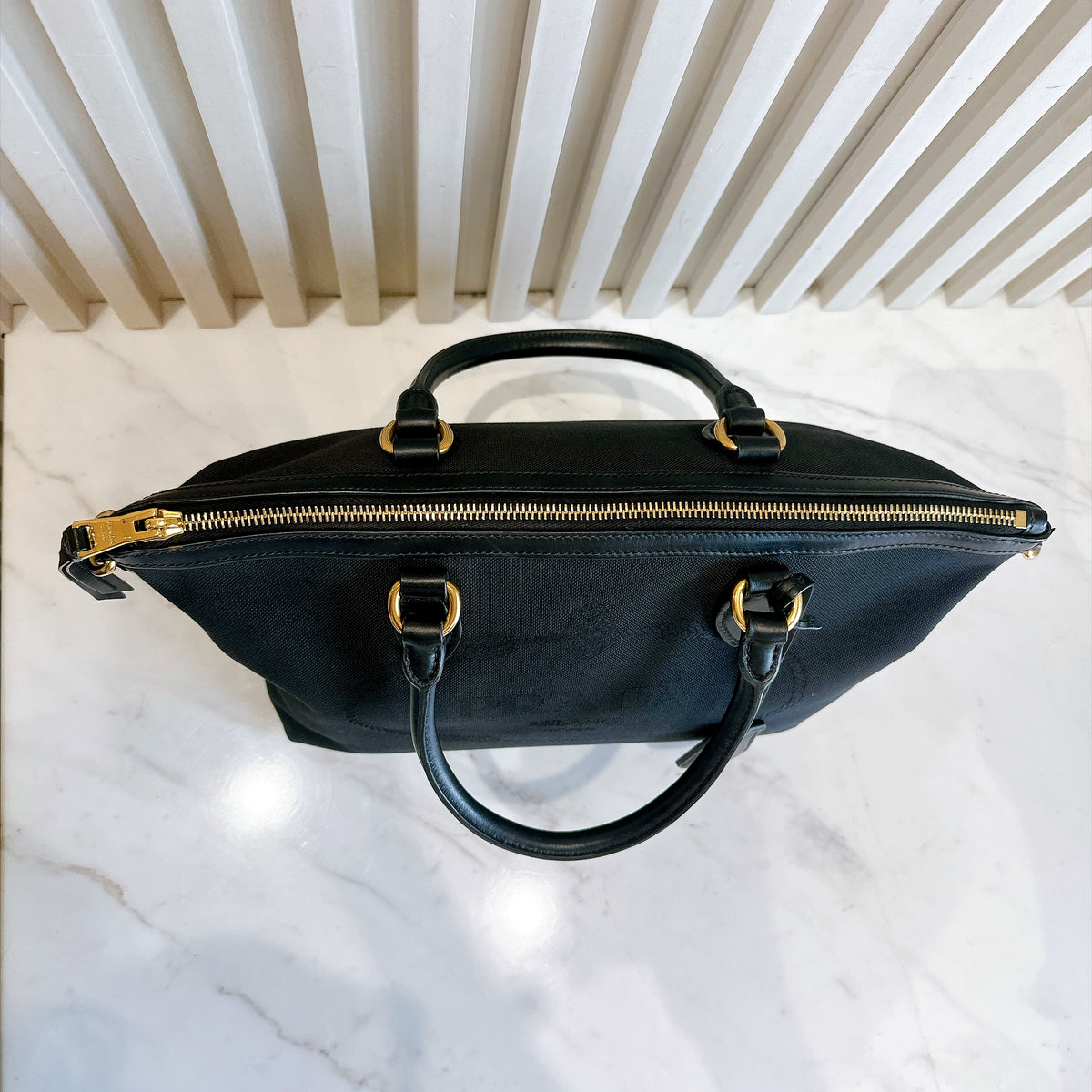 Prada Logo Jacquard Black Canvas Satchel Tote