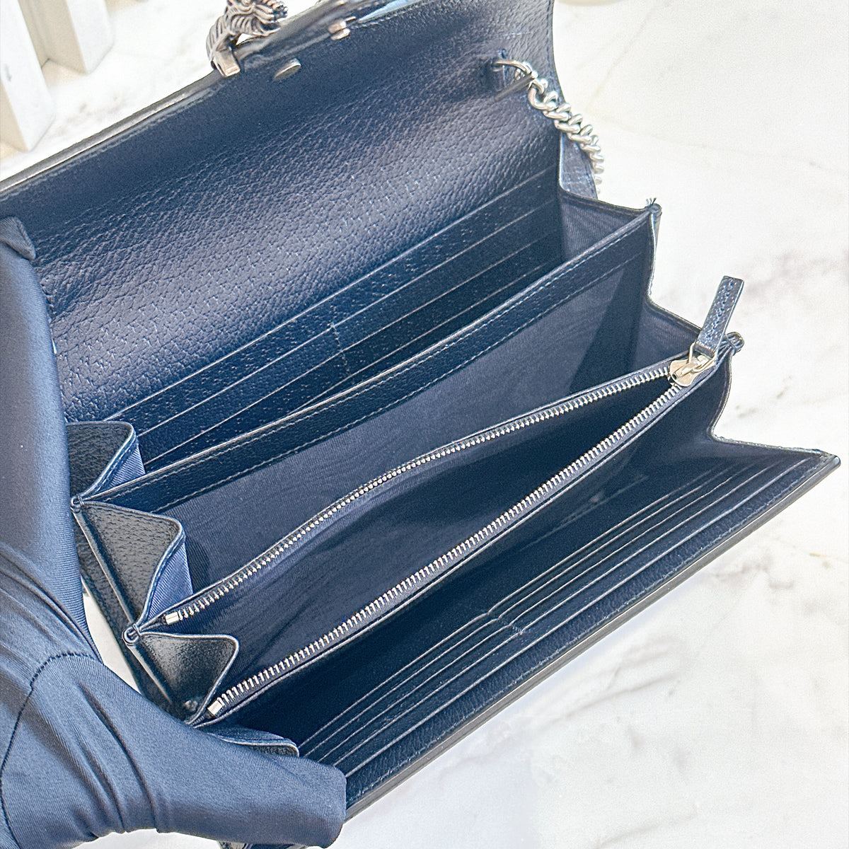 Gucci Dionysus GG Supreme Wallet On Chain in Navy Blue