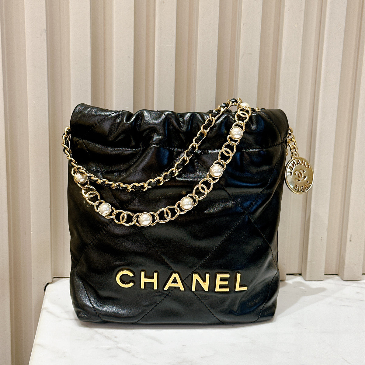 Chanel 22 Mini with Pearl Chain Black GHW