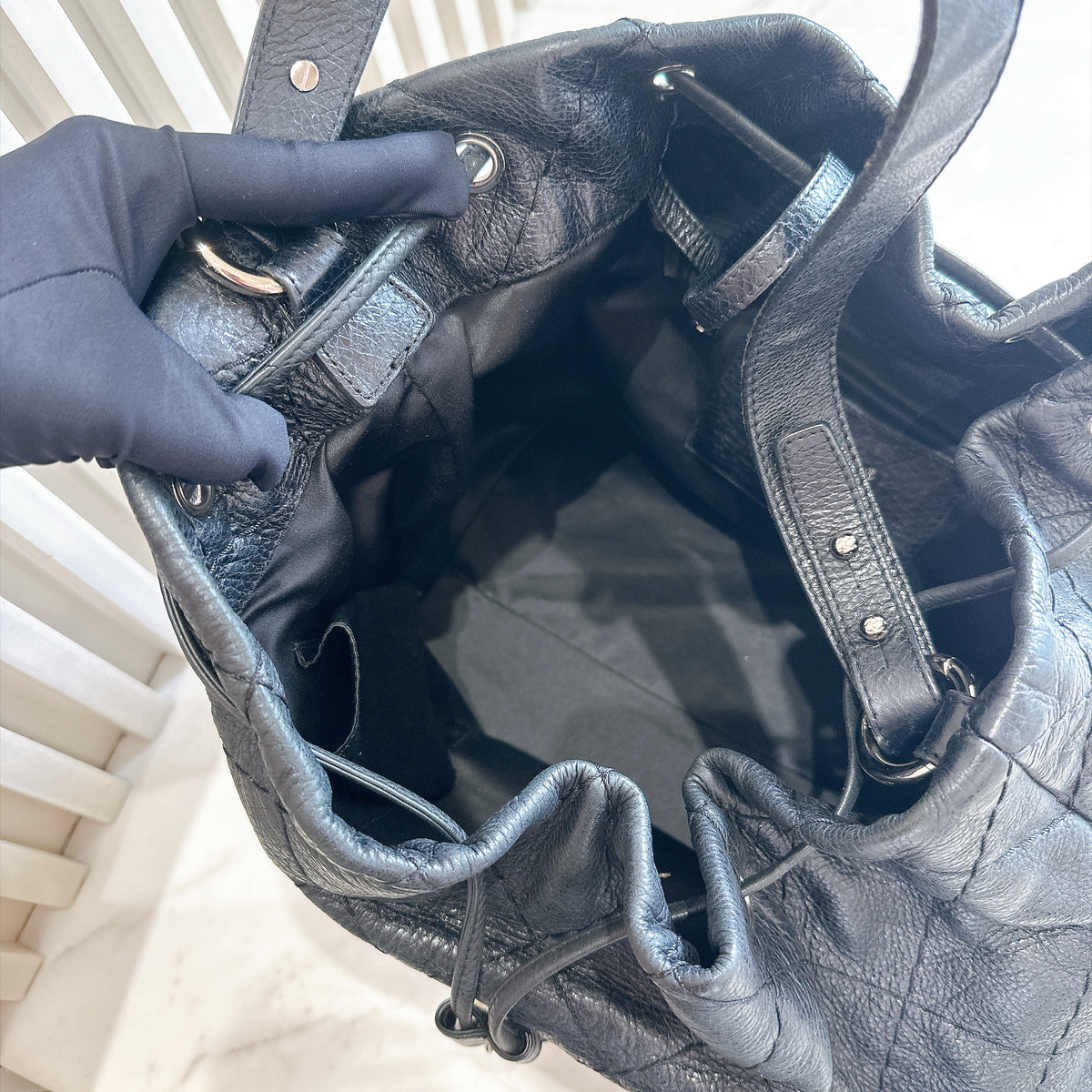 Chanel Glazed Calfskin On The Road Drawstring Bucket Bag