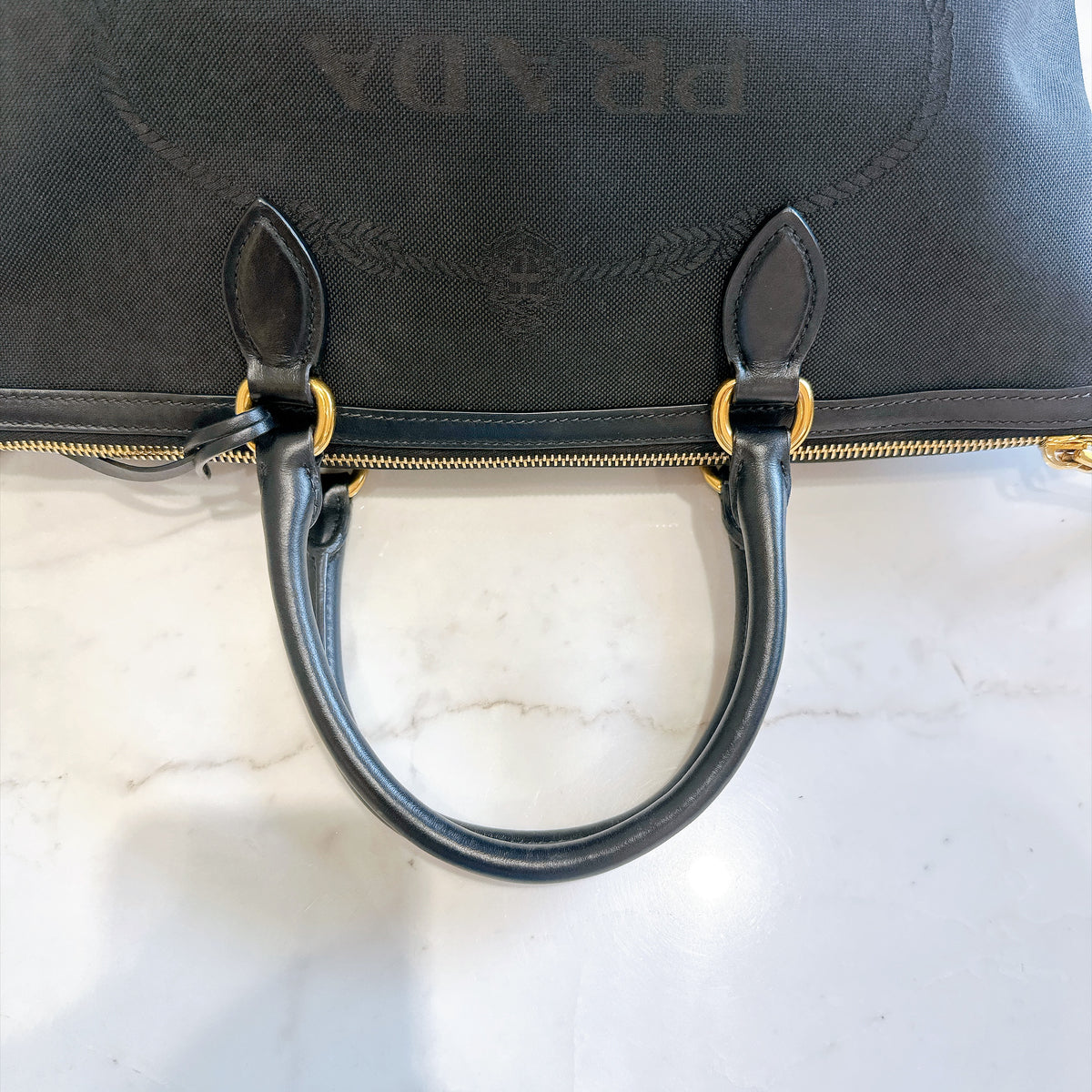 Prada Logo Jacquard Black Canvas Satchel Tote