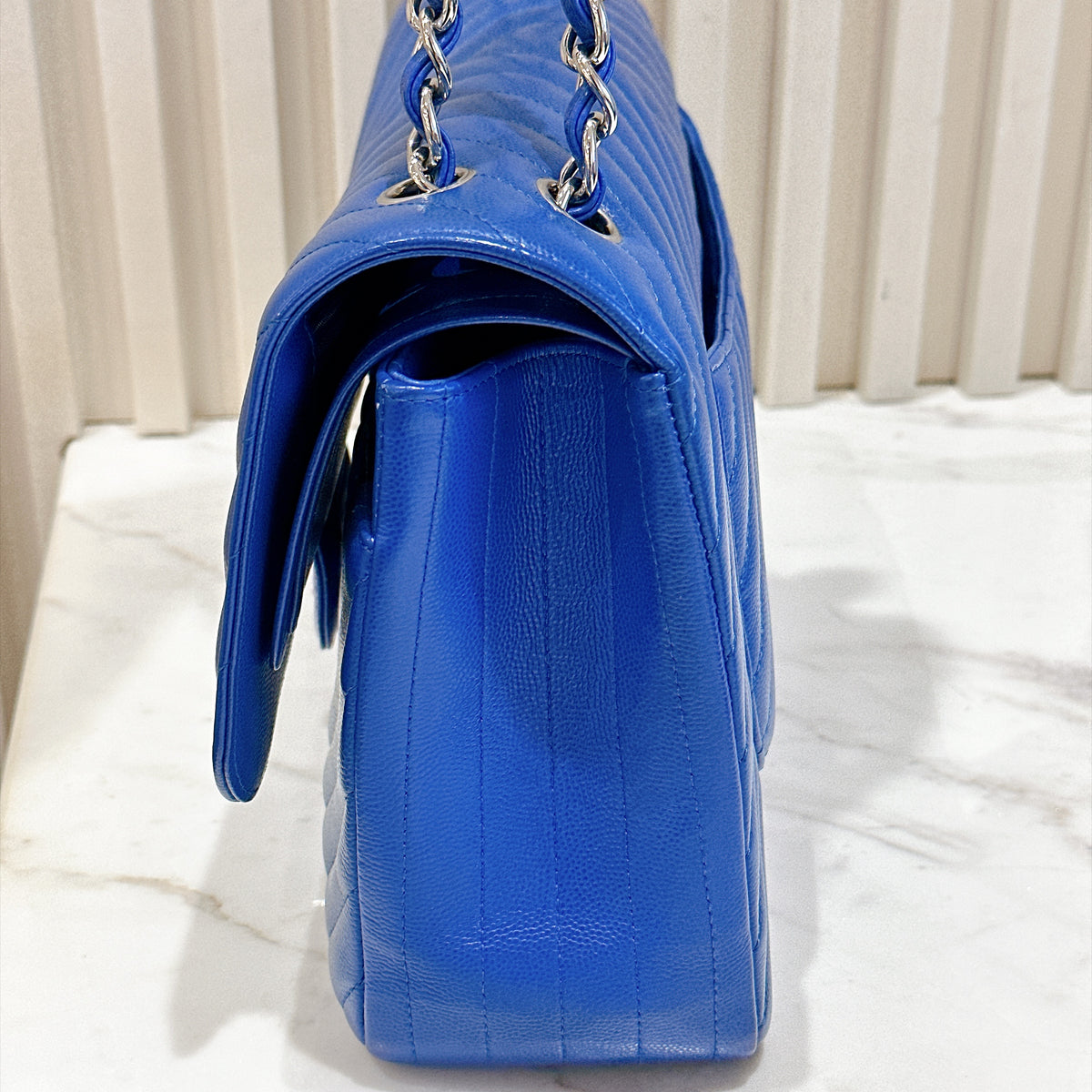 Chanel Jumbo In Blue Chevron Caviar SHW