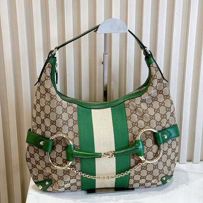 Gucci GG Canvas Green Web Horsebit Chain Large Hobo Bag