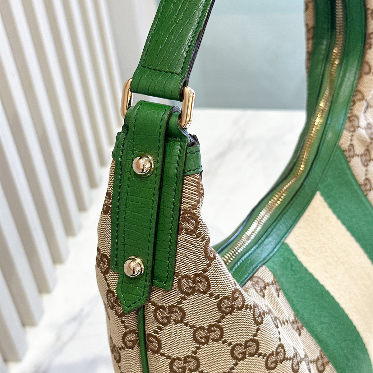 Gucci GG Canvas Green Web Horsebit Chain Large Hobo Bag