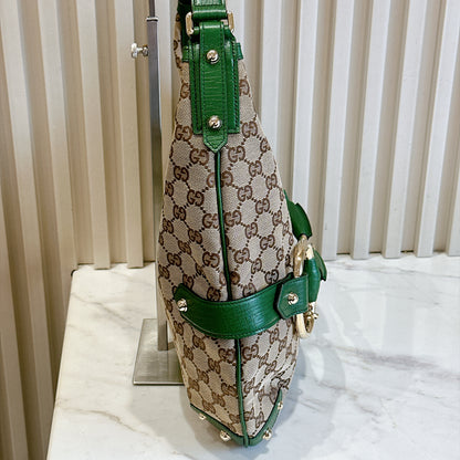 Gucci GG Canvas Green Web Horsebit Chain Large Hobo Bag