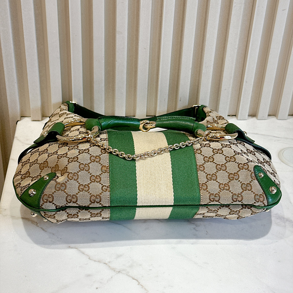 Gucci GG Canvas Green Web Horsebit Chain Large Hobo Bag
