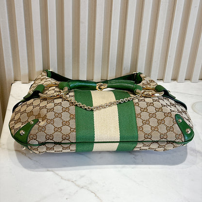 Gucci GG Canvas Green Web Horsebit Chain Large Hobo Bag