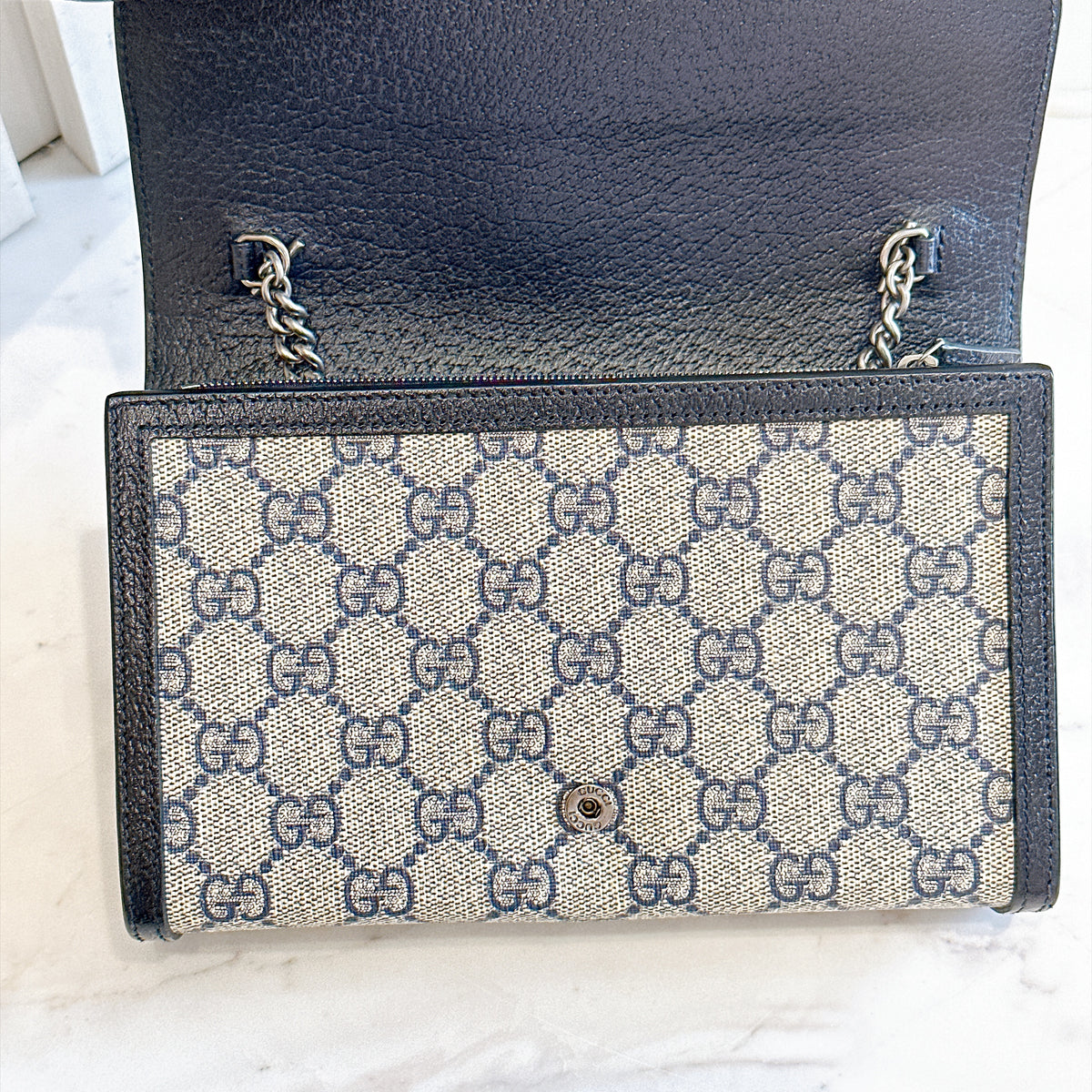 Gucci Dionysus GG Supreme Wallet On Chain in Navy Blue