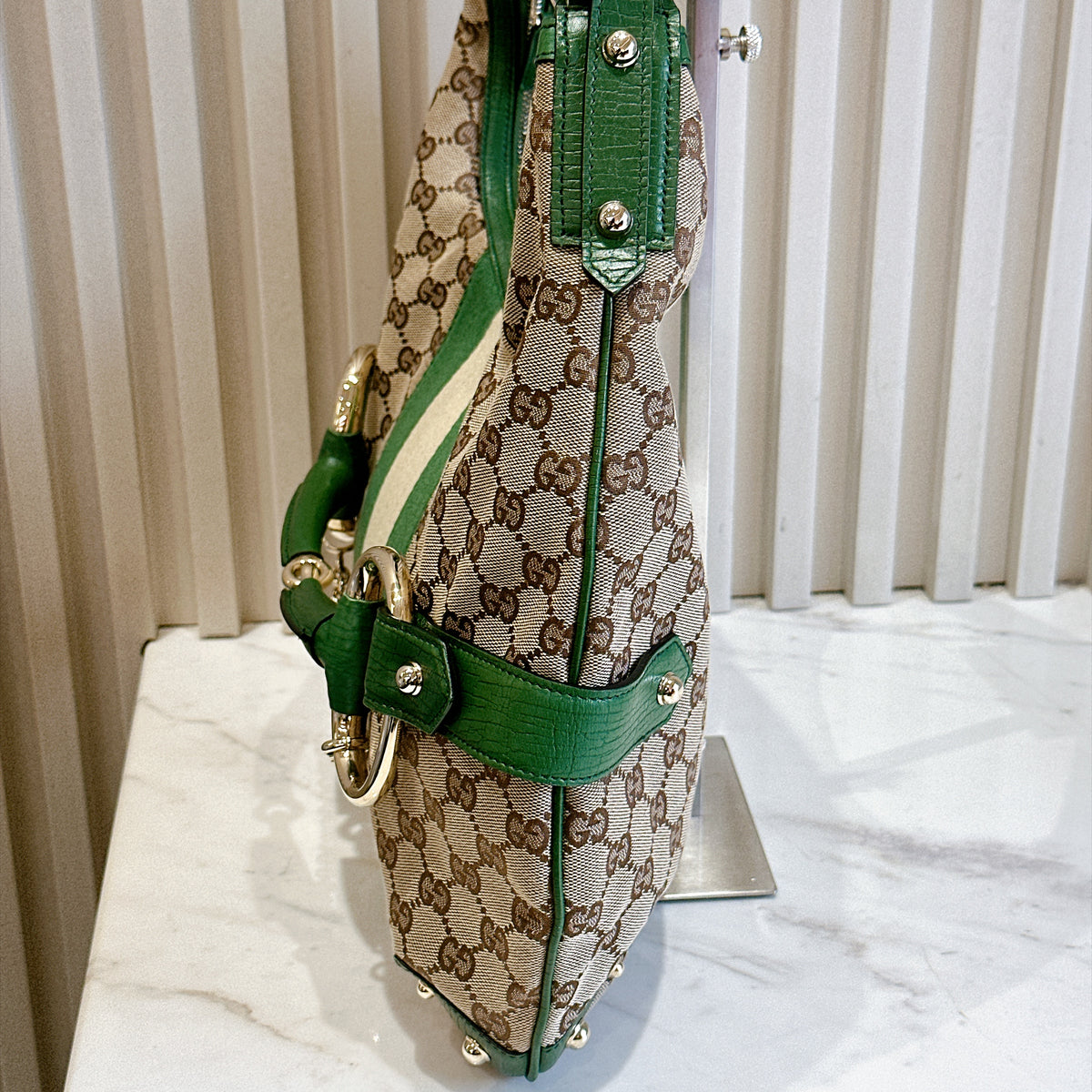 Gucci GG Canvas Green Web Horsebit Chain Large Hobo Bag