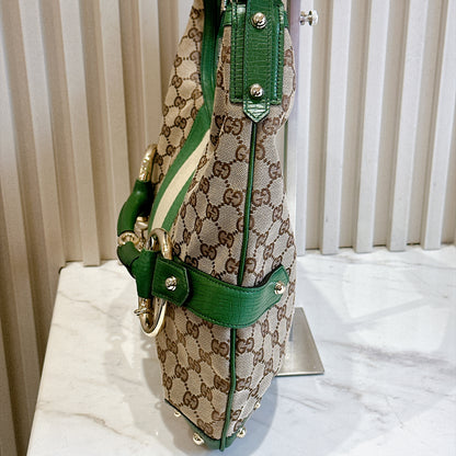 Gucci GG Canvas Green Web Horsebit Chain Large Hobo Bag