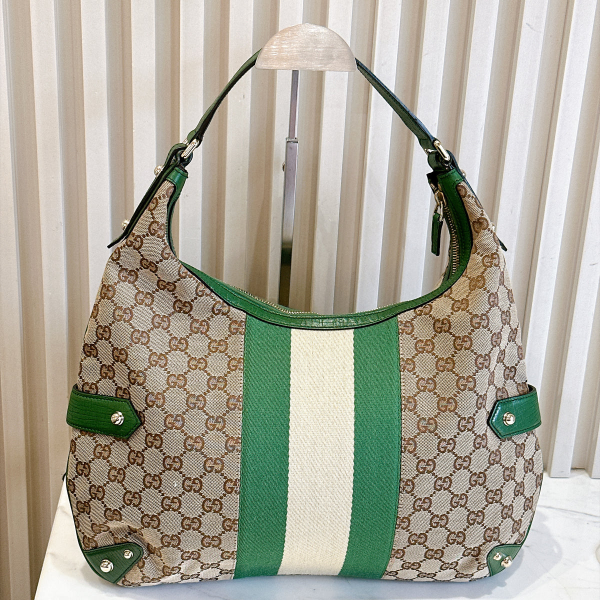 Gucci GG Canvas Green Web Horsebit Chain Large Hobo Bag