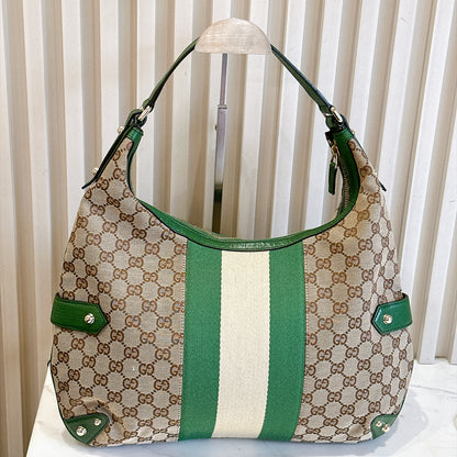 Gucci GG Canvas Green Web Horsebit Chain Large Hobo Bag