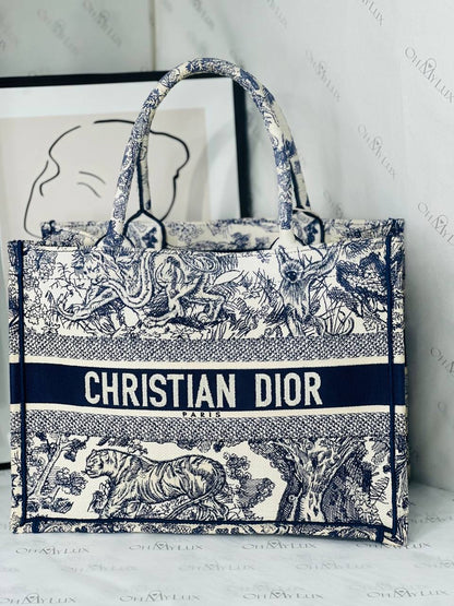 Dior Medium Book Tote in Ecru and Blue Toile De Jouy Embroidery