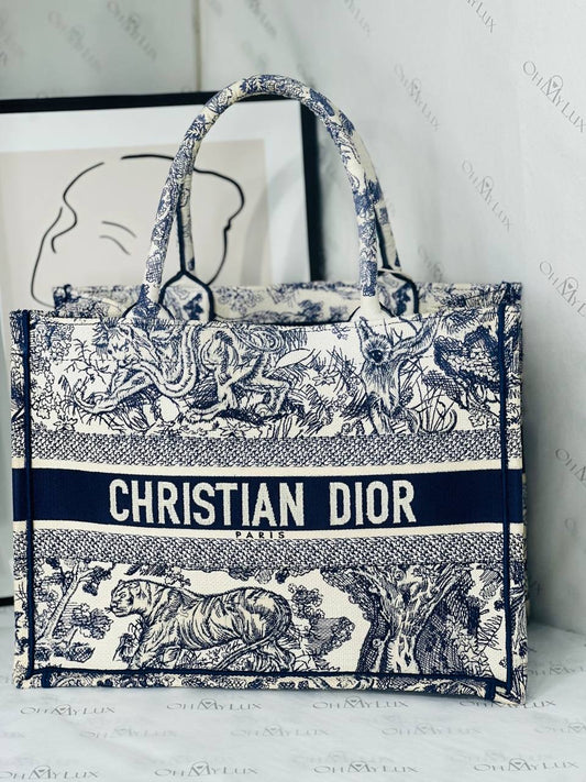Dior Medium Book Tote in Ecru and Blue Toile De Jouy Embroidery