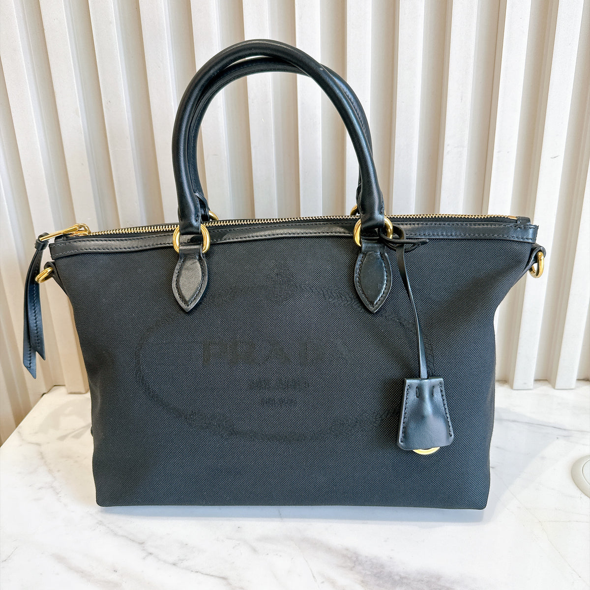 Prada Logo Jacquard Black Canvas Satchel Tote
