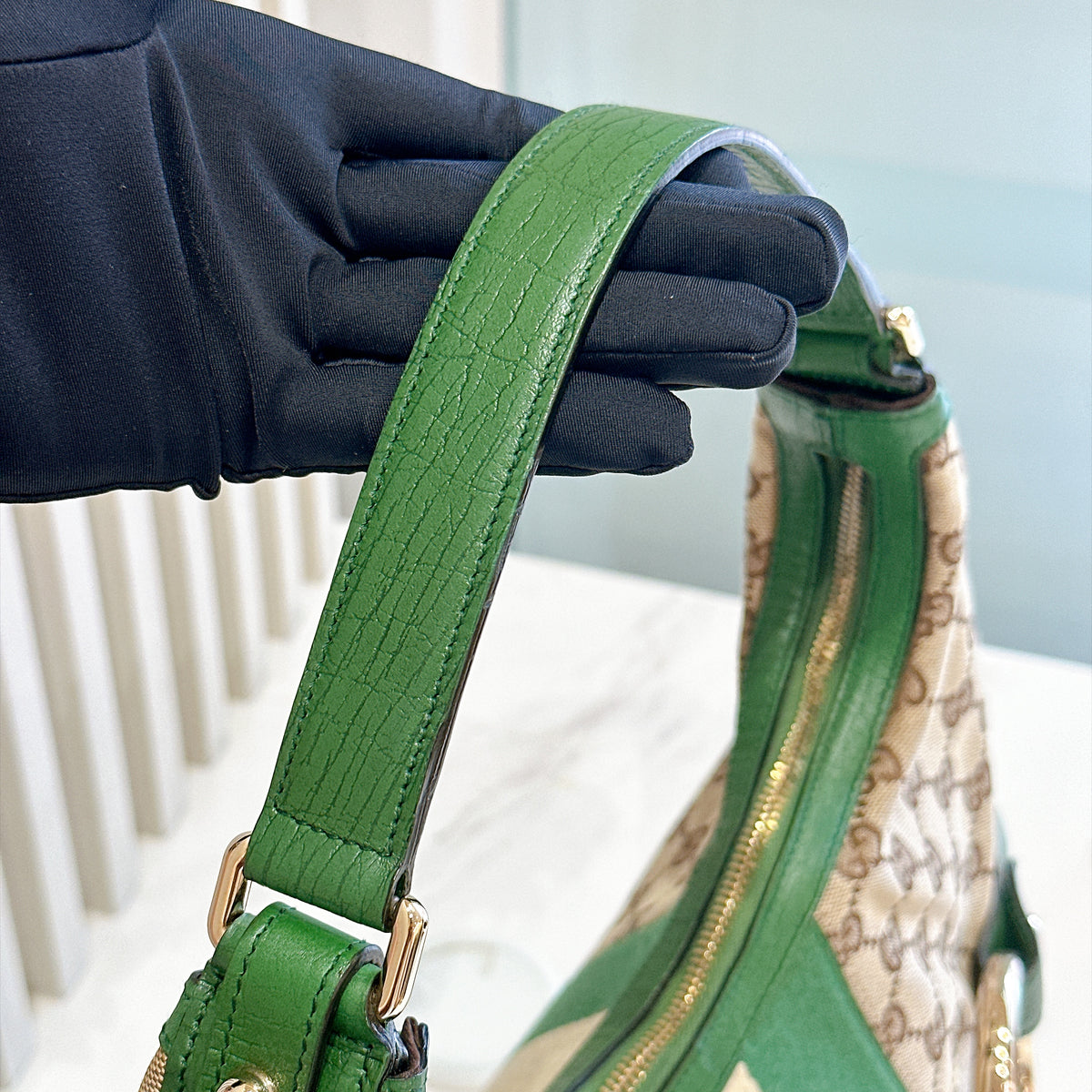 Gucci GG Canvas Green Web Horsebit Chain Large Hobo Bag