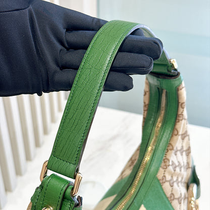 Gucci GG Canvas Green Web Horsebit Chain Large Hobo Bag