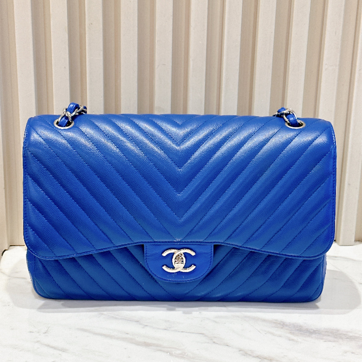 Chanel Jumbo In Blue Chevron Caviar SHW