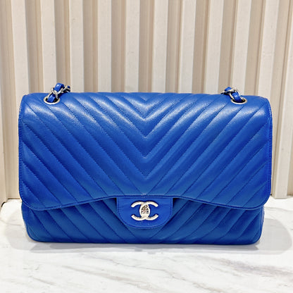 Chanel Jumbo In Blue Chevron Caviar SHW